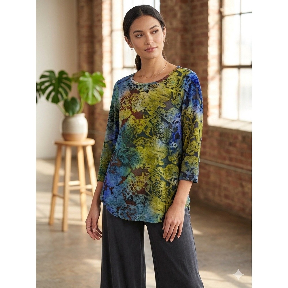 Karen Kane Green Abstract Velvet Burnout Shirt Medium Boho Lagenlook Art To Wear